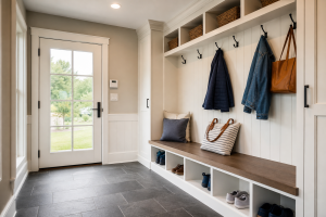 Custom mudroom addition with built-in storage, bench seating, and tile floor in Chester County, PA home