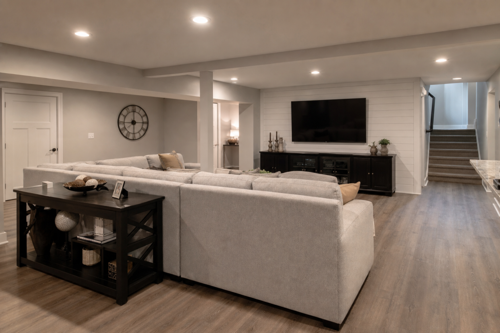 Finished basement in Chester County PA home with egress window and recessed lighting