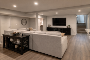 Finished basement in Chester County PA home with egress window and recessed lighting
