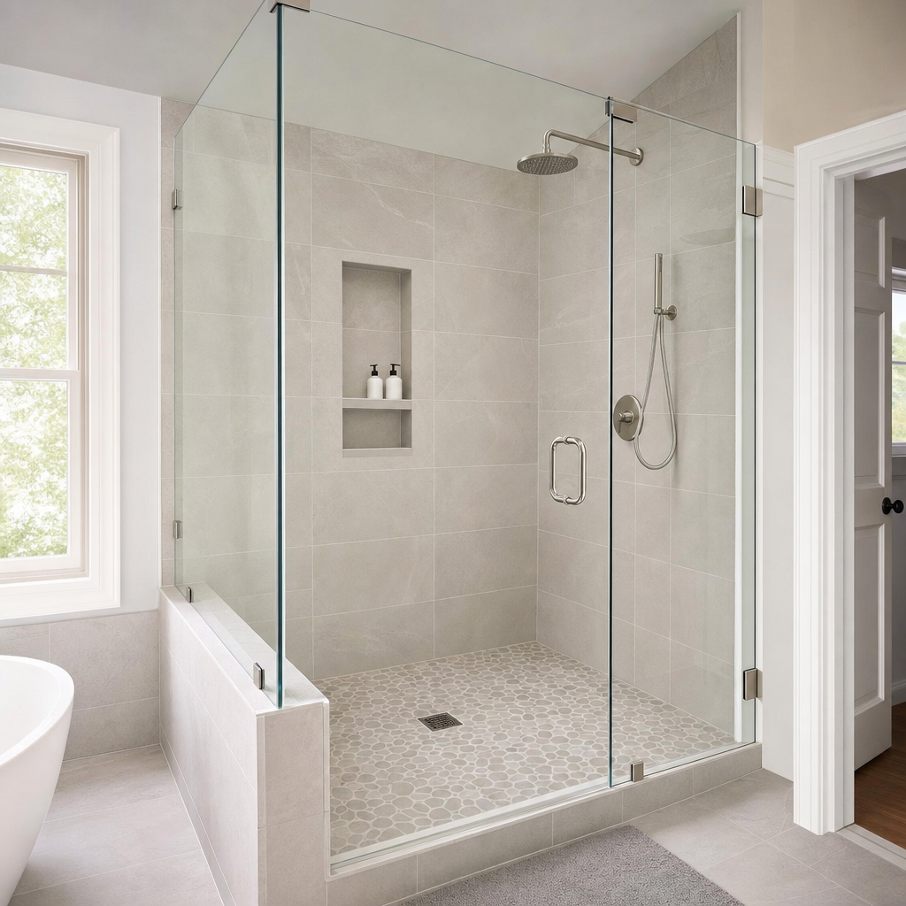 Walk-in tile shower with frameless glass door in a Chester County Pennsylvania bathroom renovation