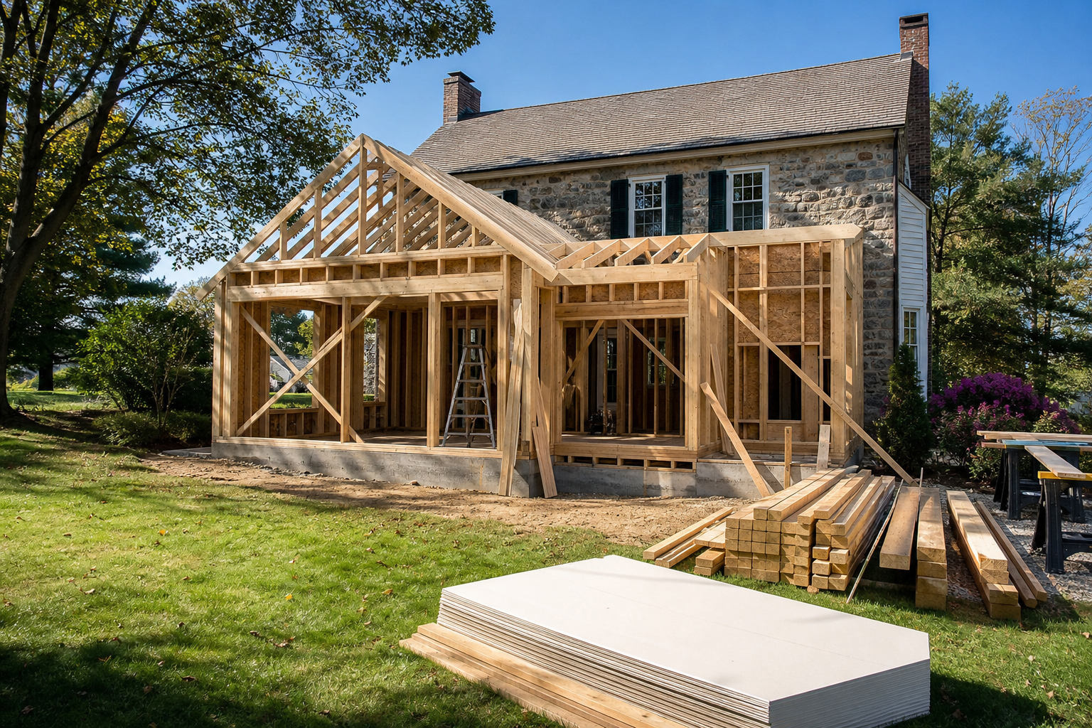 Master suite addition under construction on Chester County Pennsylvania Colonial home