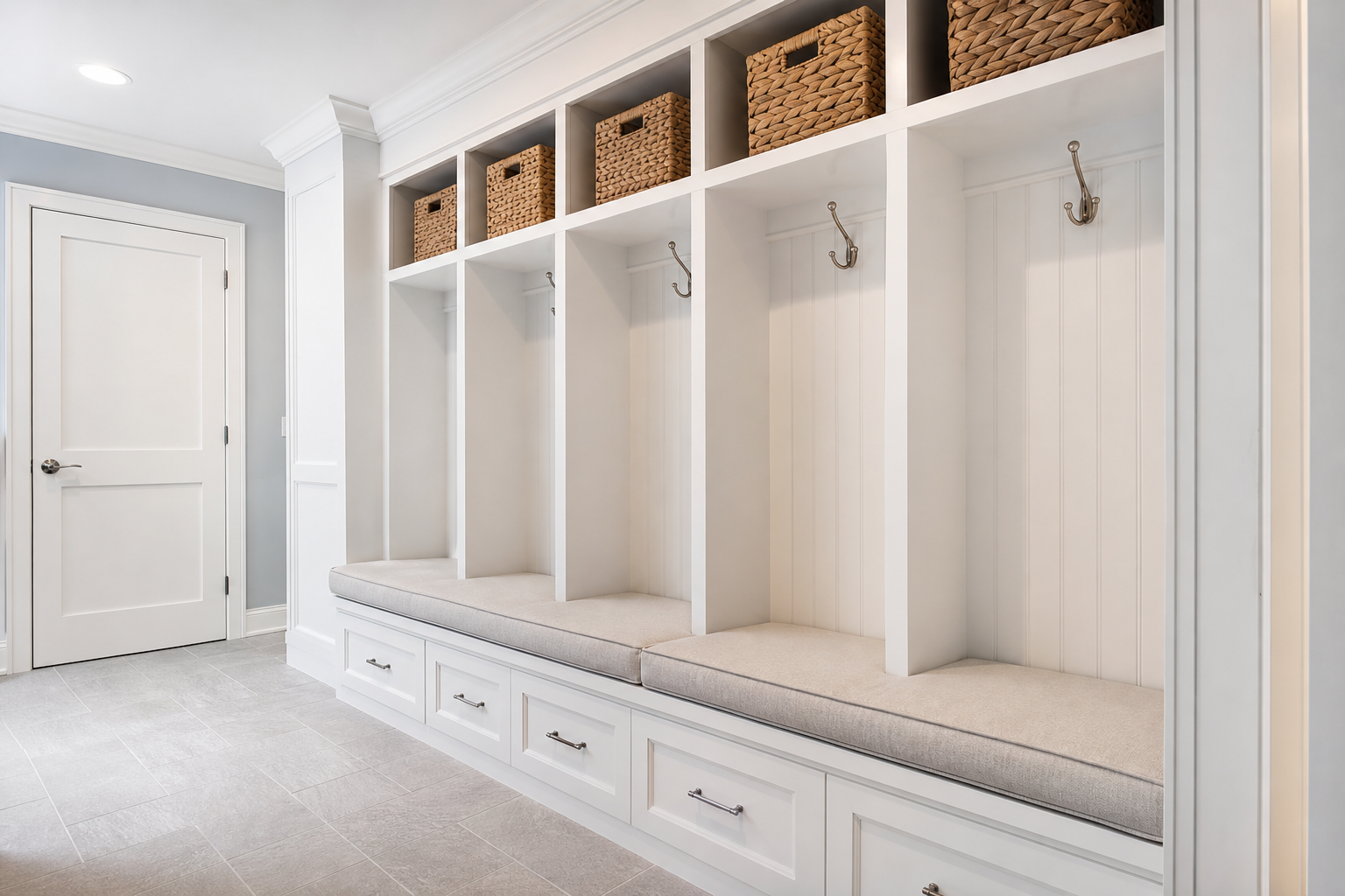 White shaker-style built-in mudroom cabinetry with cubbies, hooks, and bench storage in Main Line Pennsylvania home