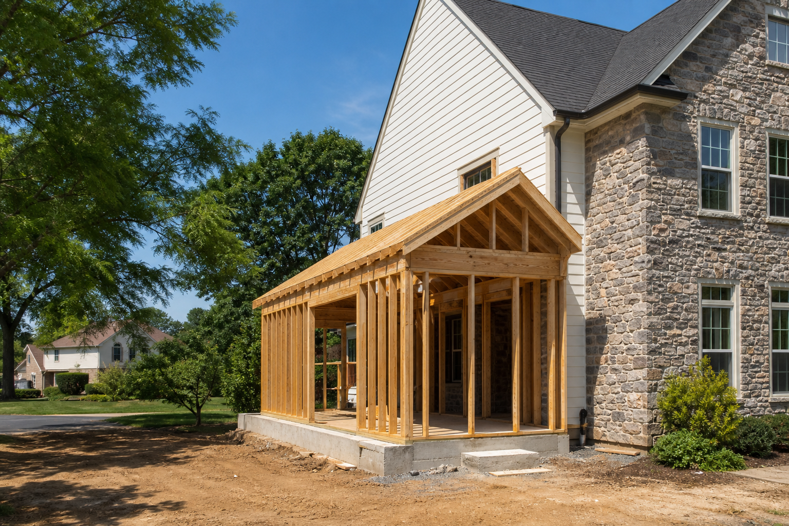 Mudroom home addition framing attached to Chester County PA colonial home