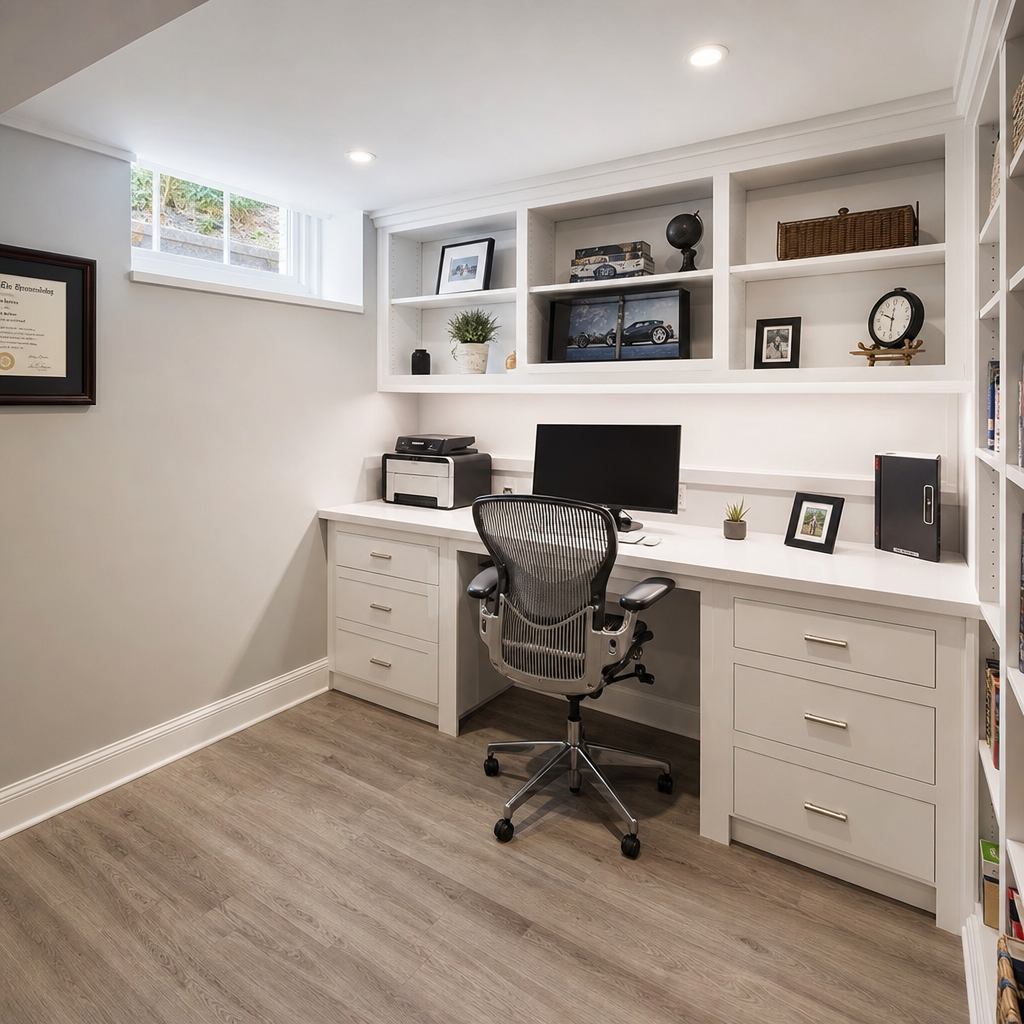 basement finishing Berwyn PA home office with custom built-in desk and recessed lighting