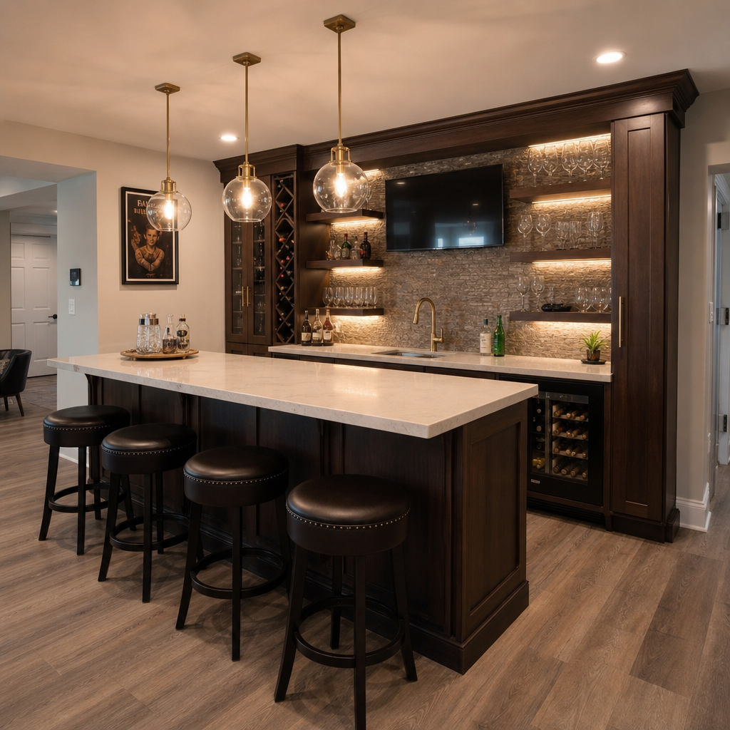 custom wet bar basement finishing Chester County PA by Harlan Contracting