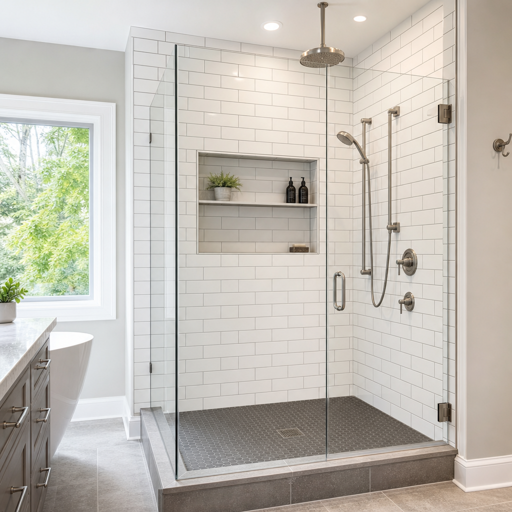Walk-in tile shower in Chester County PA bathroom remodel — frameless glass, subway tile, rainfall showerhead