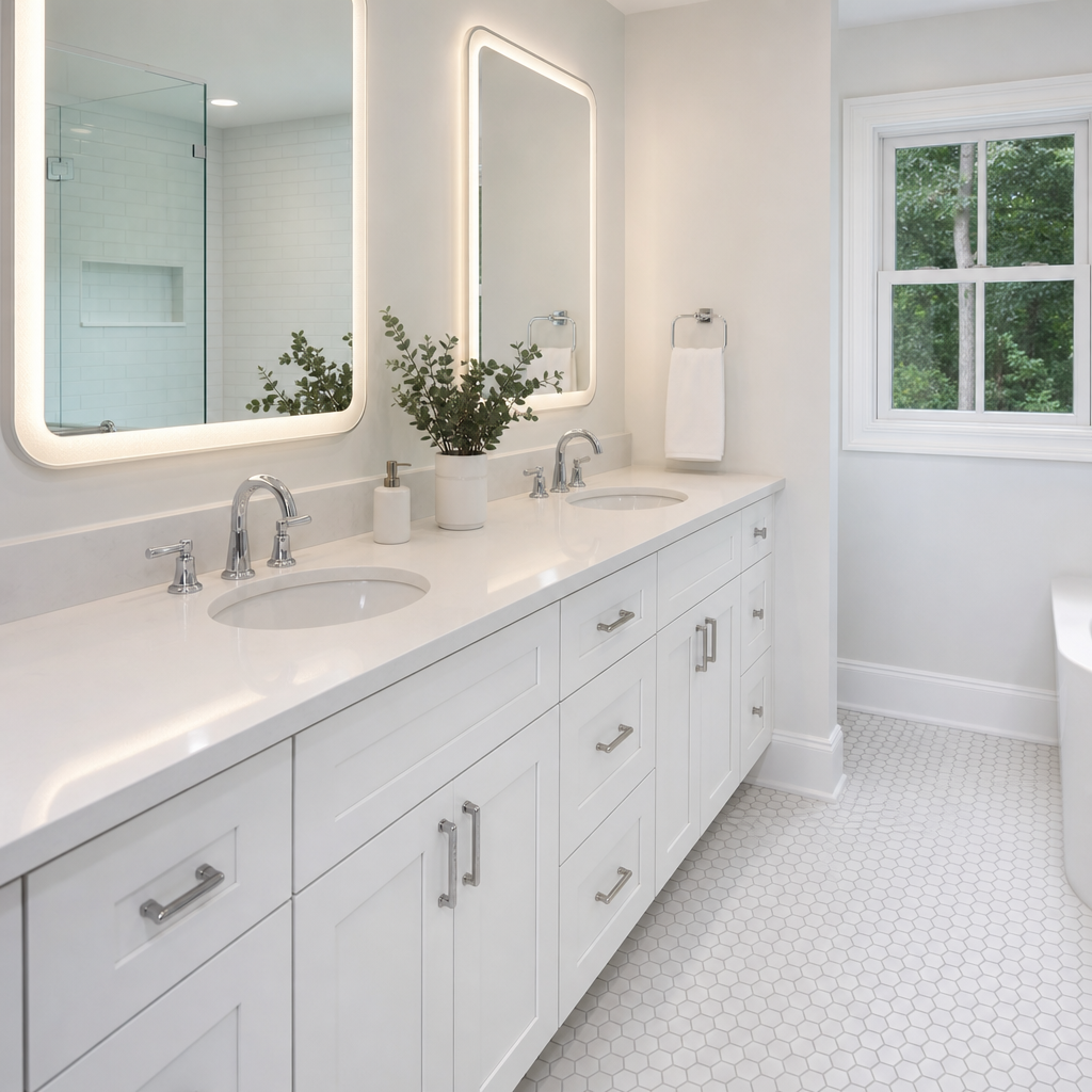 Custom double vanity with quartz countertop in Malvern PA bathroom renovation by Harlan Contracting