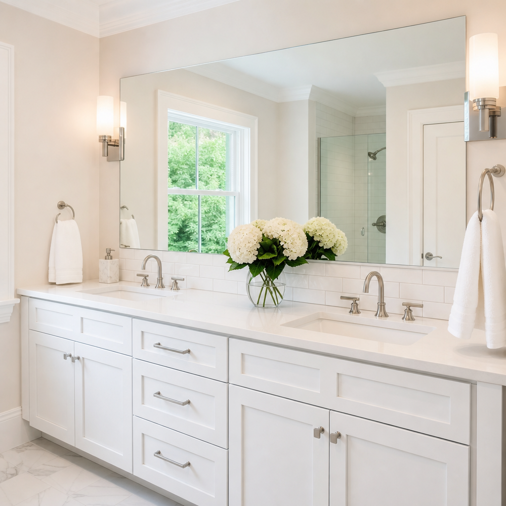 Double vanity bathroom remodel with white Shaker cabinetry and quartz countertop in Chester County PA home