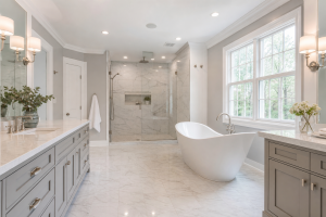 Bathroom remodeling Wayne PA - luxury soaking tub and marble tile renovation by Harlan Contracting
