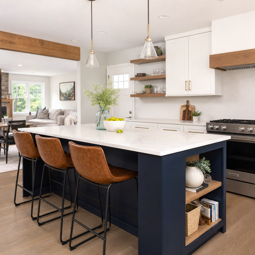 Open-concept kitchen renovation in Downingtown PA with custom island and hardwood floors by Harlan Contracting