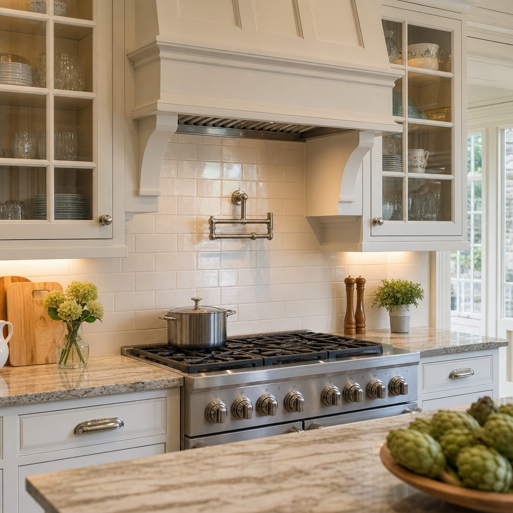 Kitchen range and tile backsplash in Chester County PA home renovation by Harlan Contracting