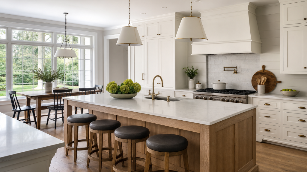 kitchen remodeling Paoli PA with custom cabinetry, white-oak island, and bright natural light