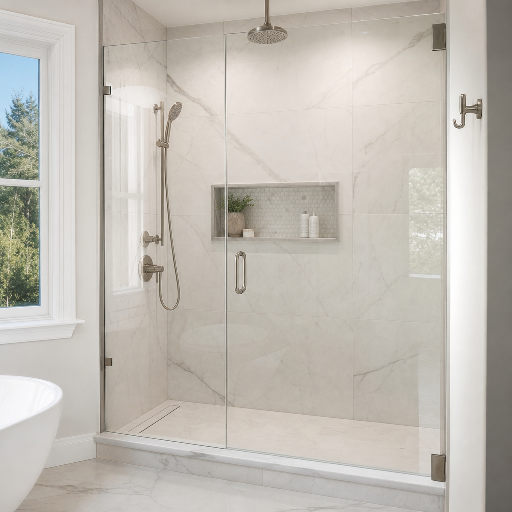 Walk-in shower remodel with frameless glass enclosure in Wayne PA Chester County bathroom renovation